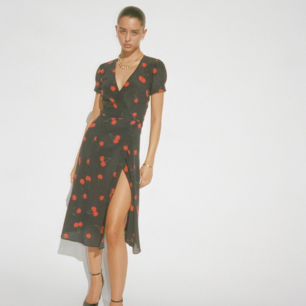Réalisation Par Black Midi Wrap Dress with Red Cherry Print